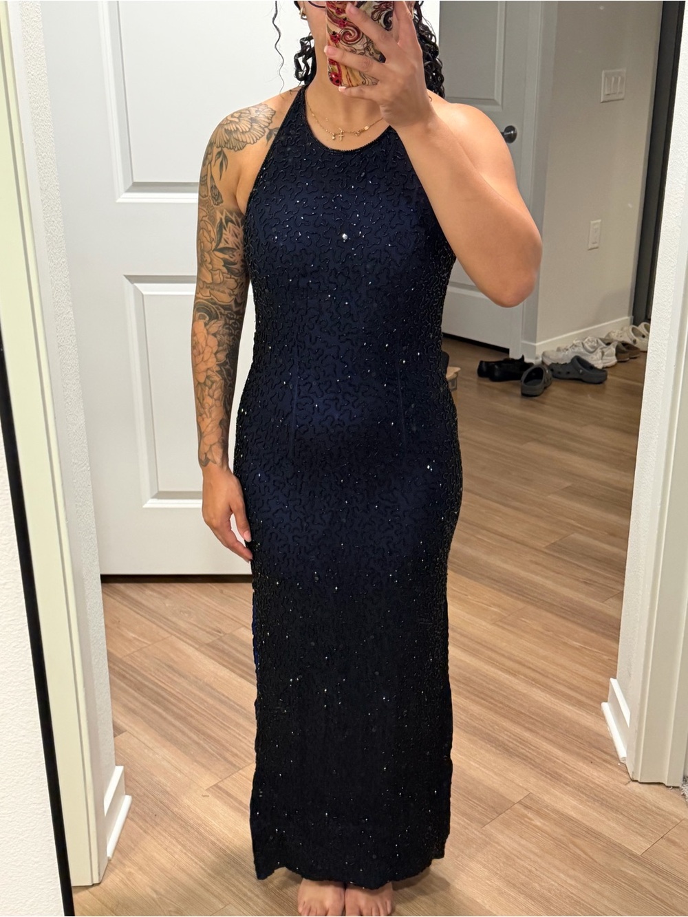 Navy Beaded Halter Prom Dress